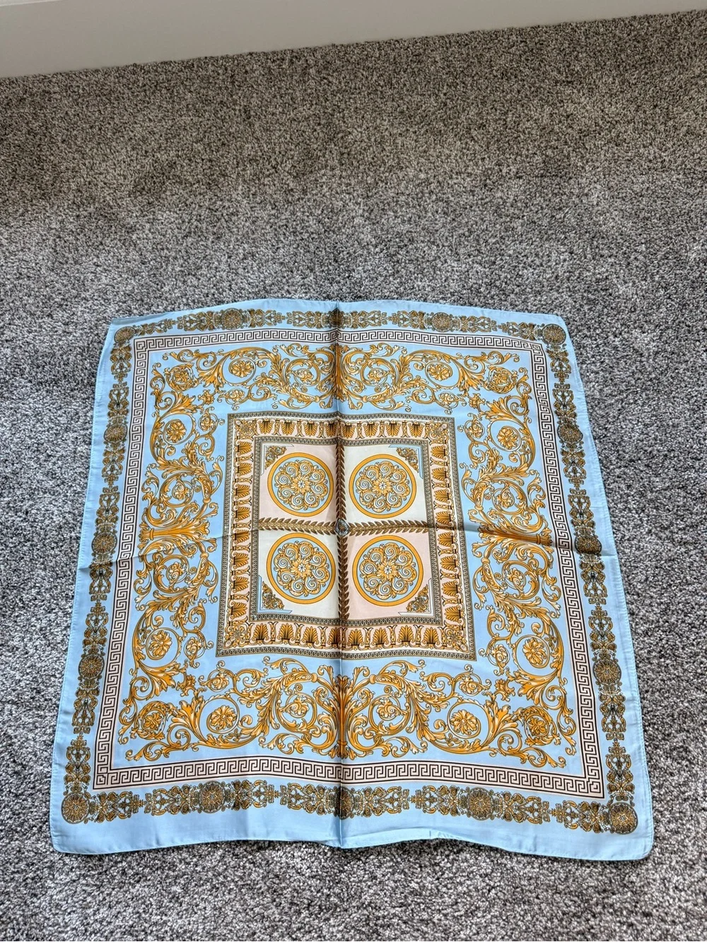 Blue and Gold Ornate Silk-Feel Headscarf